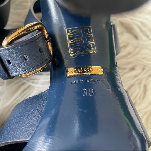 GUCCI Leather Suede Calfskin Candy Blue Marine Crossover Strap Heeled Sandals 38 - Picture 10 of 12